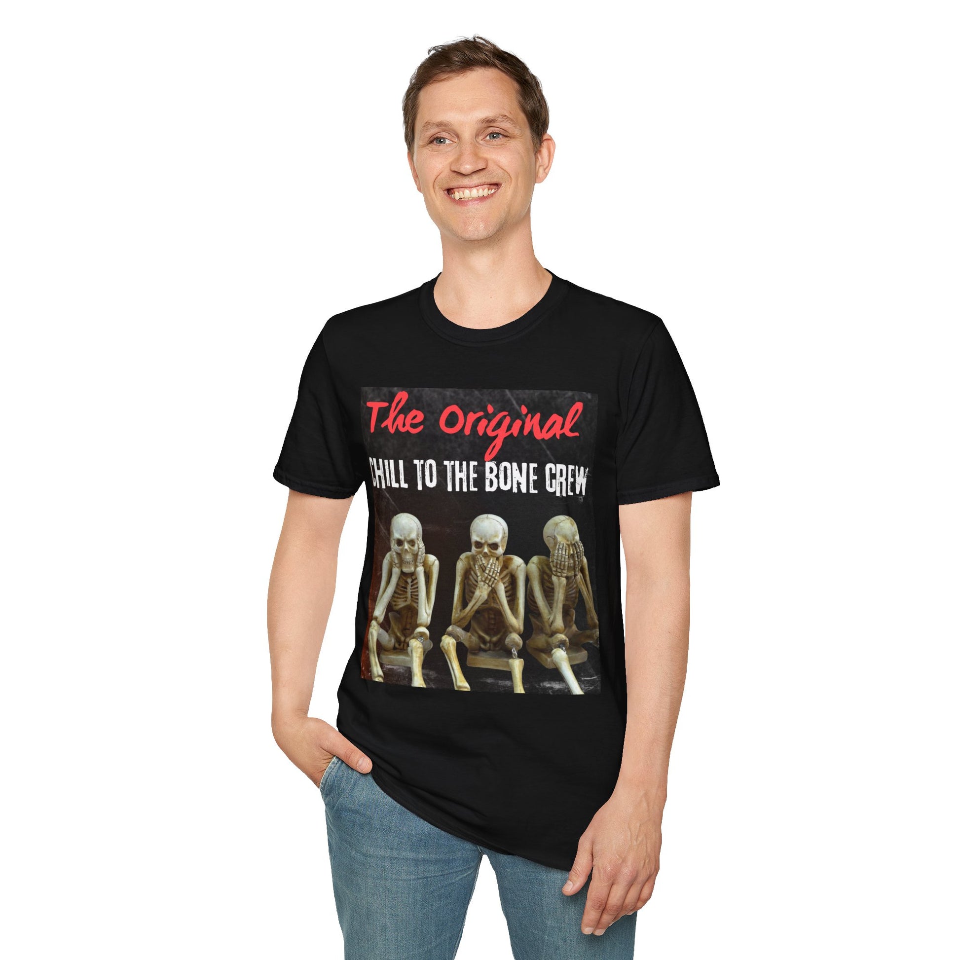 Fun skeleton crew T-shirt showing 'Chill to the Bone' design with a vintage vibe.