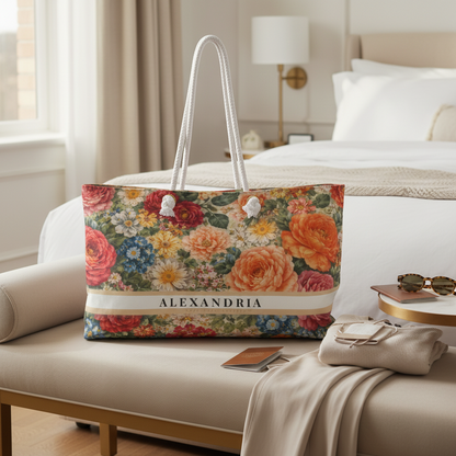 Floral tote bag with 'Alexandria' branding on a bed in a bedroom setting