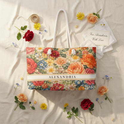 Floral-patterned bag with 'Alexandria' branding on a light fabric background with flowers.