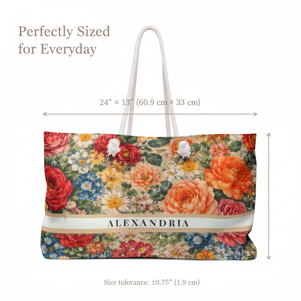 Floral tote bag with dimensions and 'Alexandria' branding on a white background