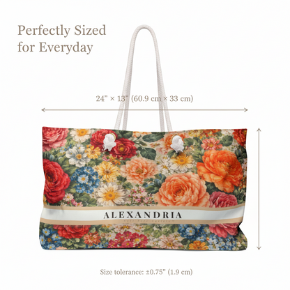 Floral tote bag with dimensions and 'Alexandria' branding on a white background
