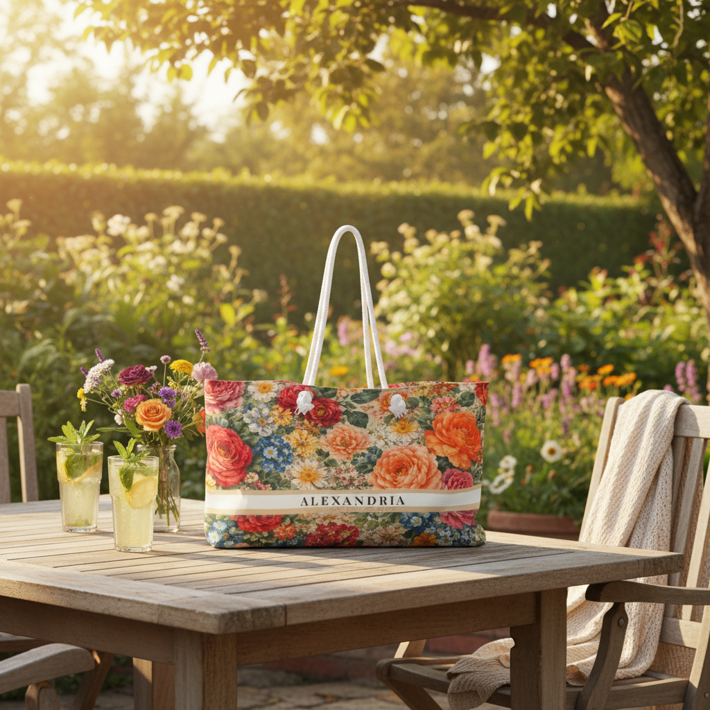 Floral tote bag on a wooden table with a garden background