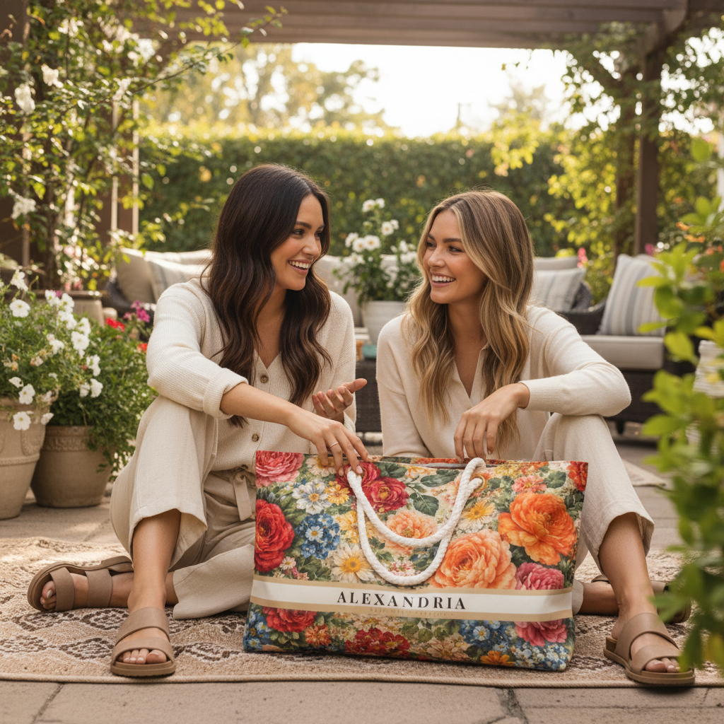 Two women sitting outdoors with a floral weekender tote bag labeled 'Alexandria'.