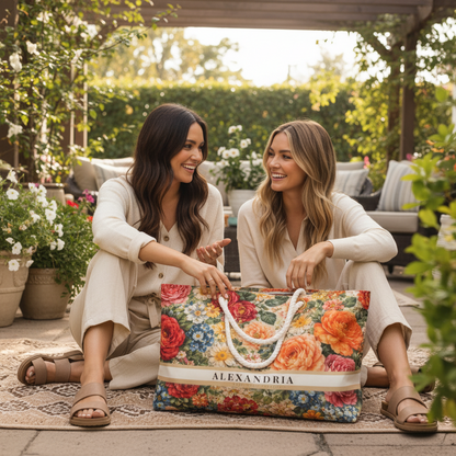 Two women sitting outdoors with a floral weekender tote bag labeled 'Alexandria'.