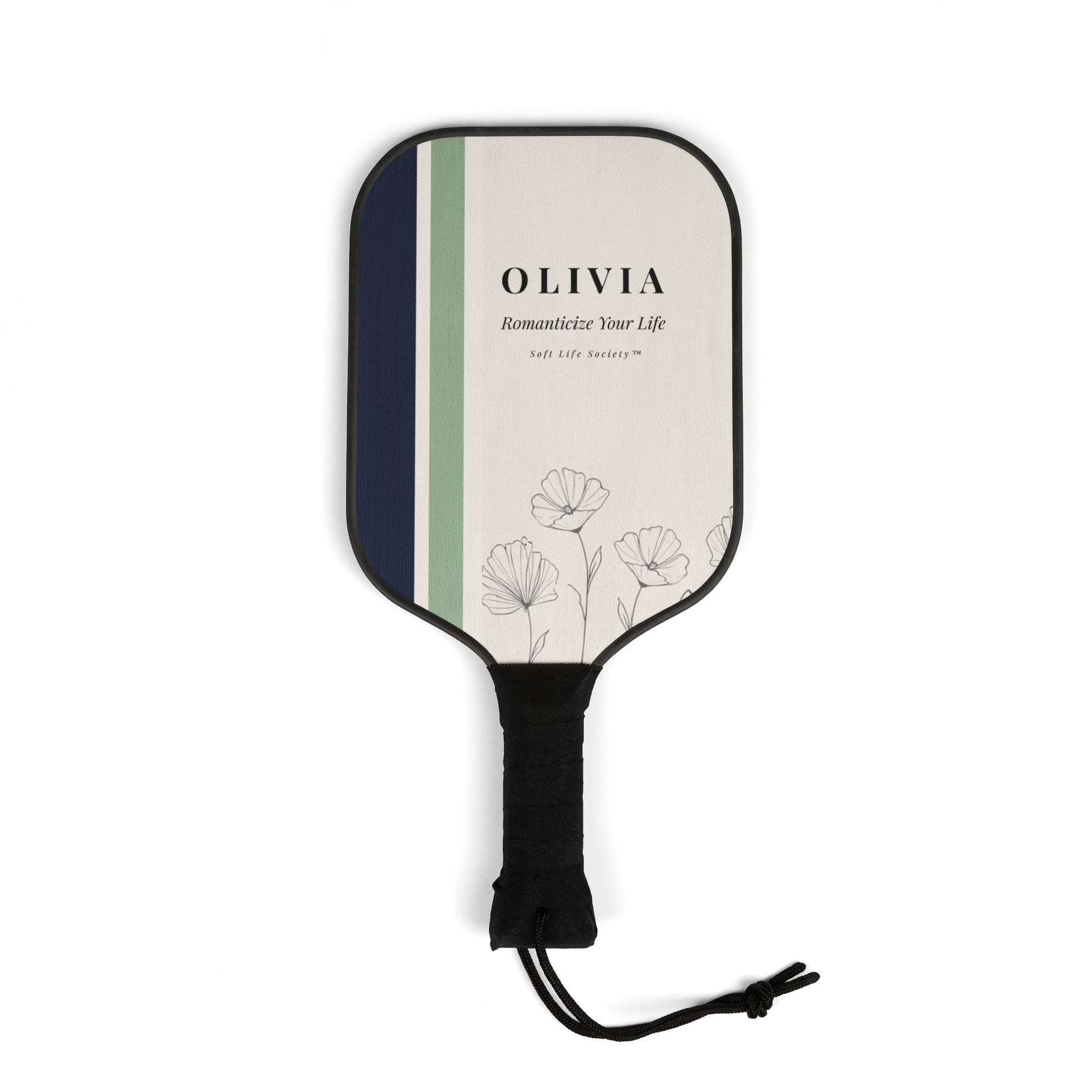Pickleball paddle with floral design and 'Olivia' branding on a white background