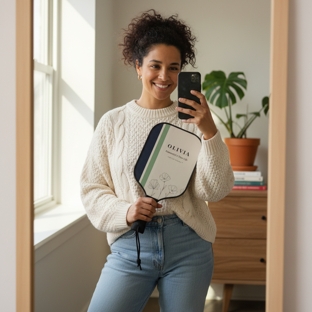 Woman holding a pickleball paddle with 'Olivia' branding, taking a selfie in a room with a window and plant.