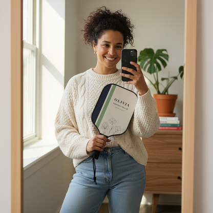 Woman holding a pickleball paddle with 'Olivia' branding, taking a selfie in a room with a window and plant.