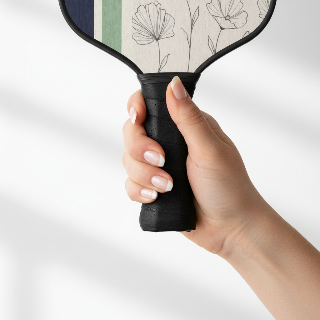 Hand holding a pickleball paddle with floral design on a white background