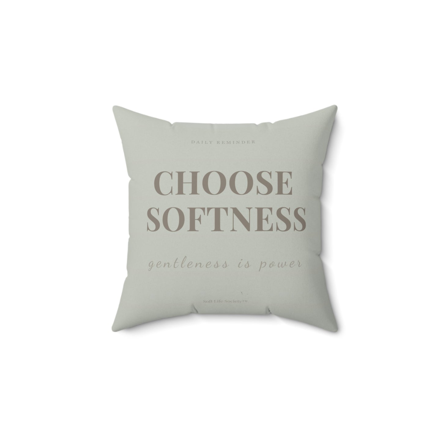Light green pillow with text 'CHOOSE SOFTNESS gentleness is power' on a white background