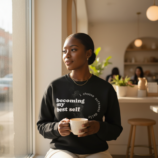 Woman sitting by a café window holding a mug while wearing a black “becoming my best self” sweatshirt from Soft Life Society™.