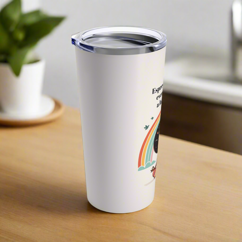 Side view - 20oz white travel tumbler featuring a zen-inspired design of a meditating woman with an afro, adorned with a rainbow and the phrase 'Espresso yourself, even when it's a latte effort.'