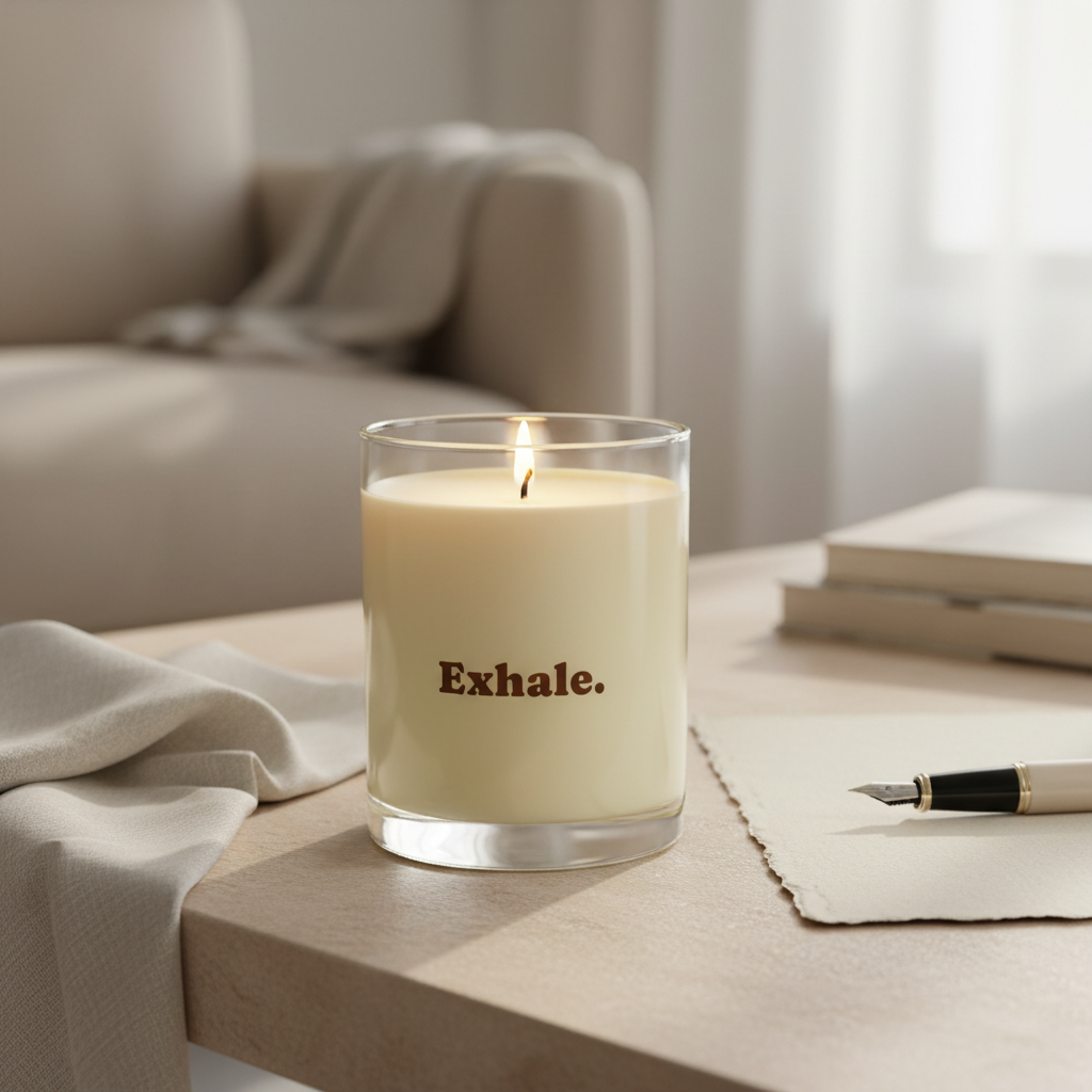 Soft Life Society Affirmation Candle with 'Exhale' text on a table with a blurred background 