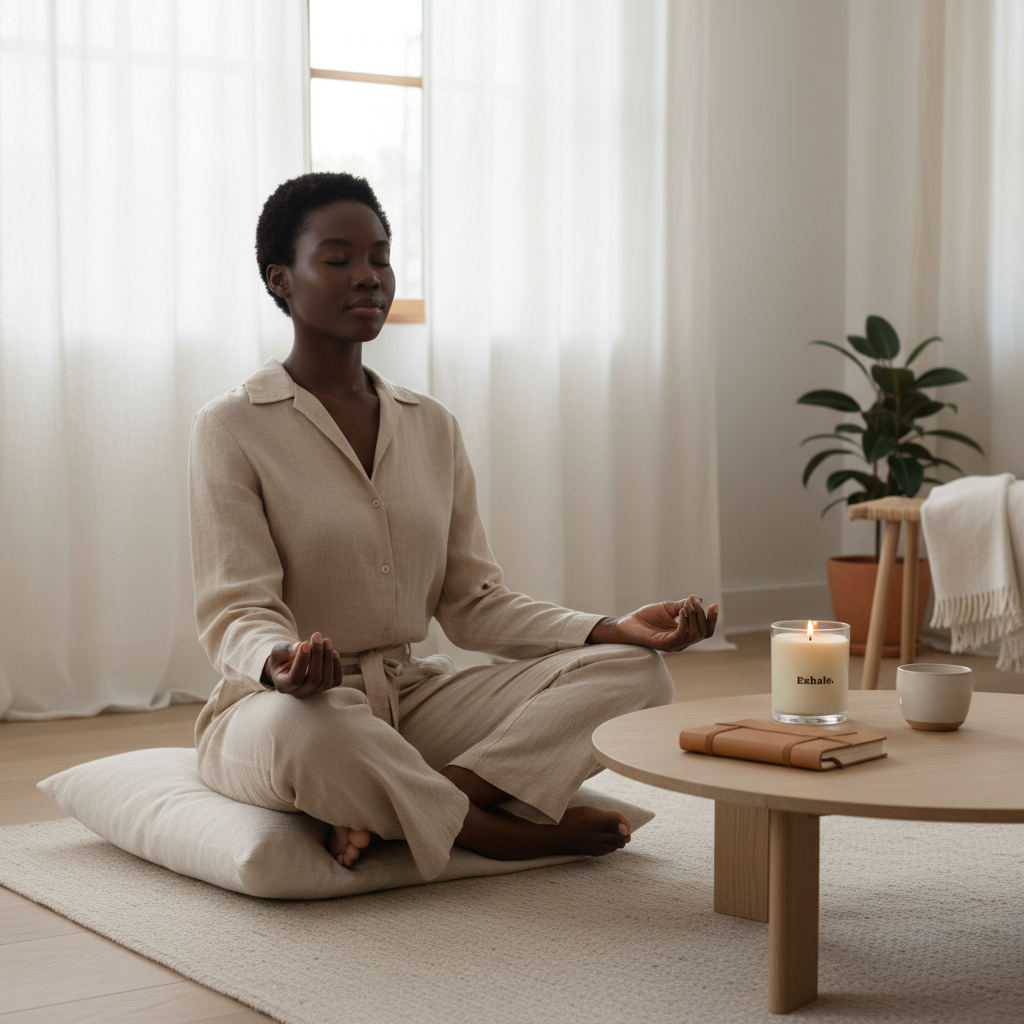 Woman meditating in a serene room with a candle and plant.