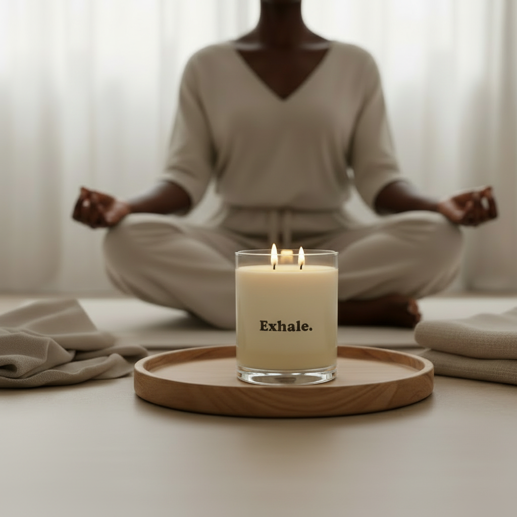 Person meditating with an 'Exhale' candle on a tray in a serene setting