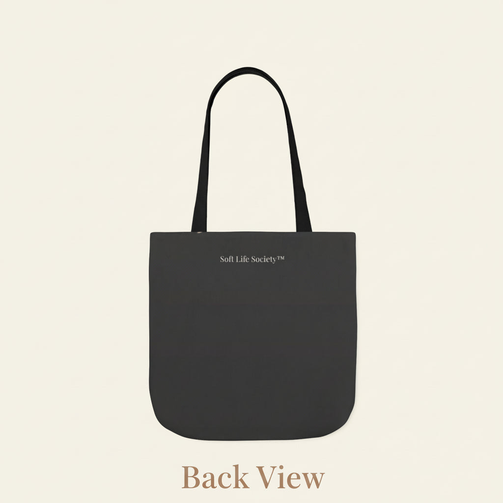 Back view of black canvas tote bag minimal design plain reverse side