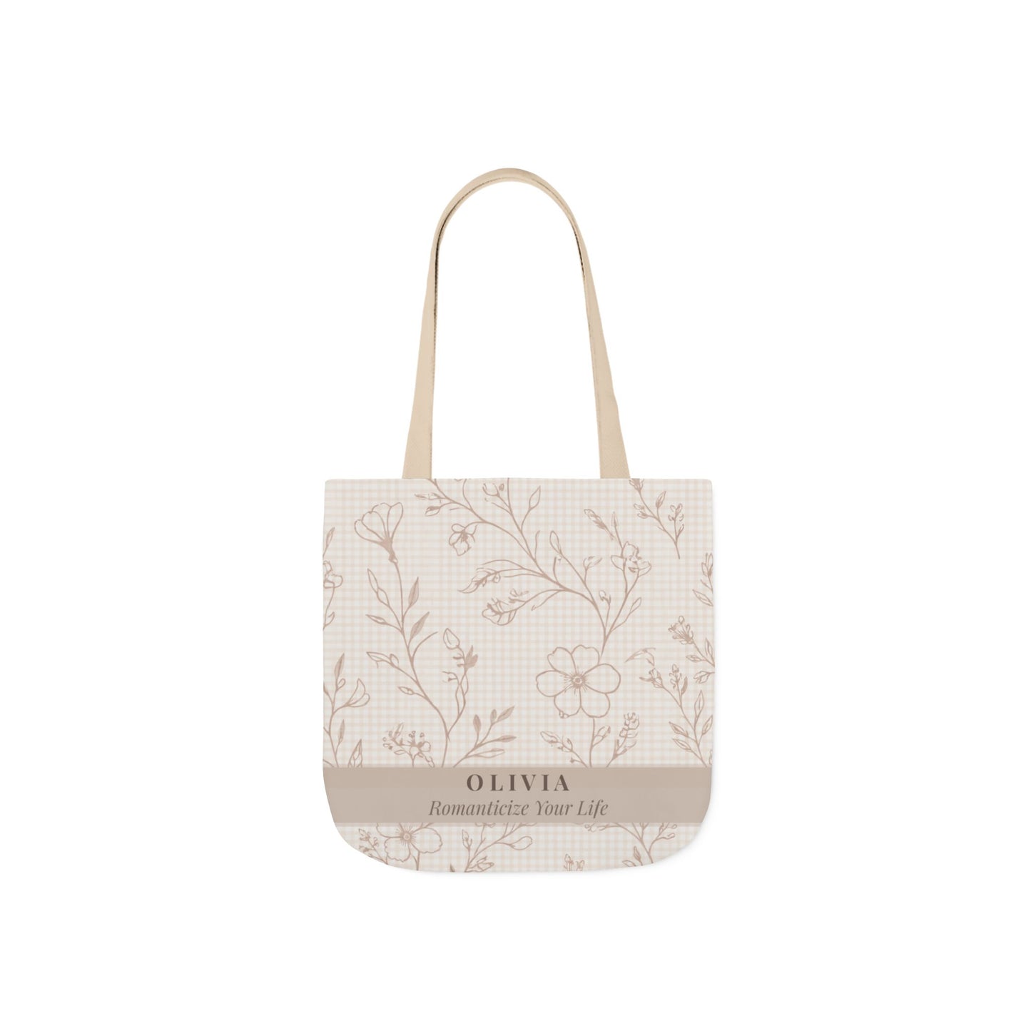 Tote bag with floral pattern and 'Olivia' branding on a white background