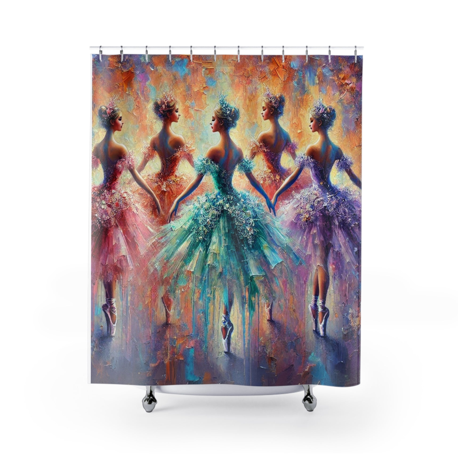 Artistic shower curtain with a lineup of graceful ballerinas in radiant hues.