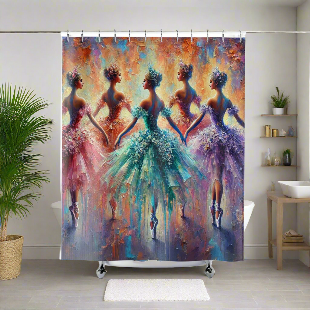 Vibrant ballerina shower curtain featuring colorful dancers in textured, flowing dresses.