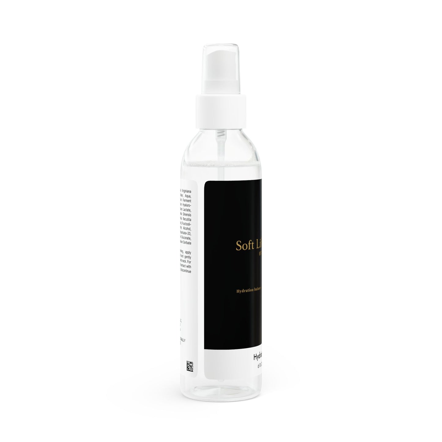 Clear spray bottle with a 'Soft Life Society' black label on a white background