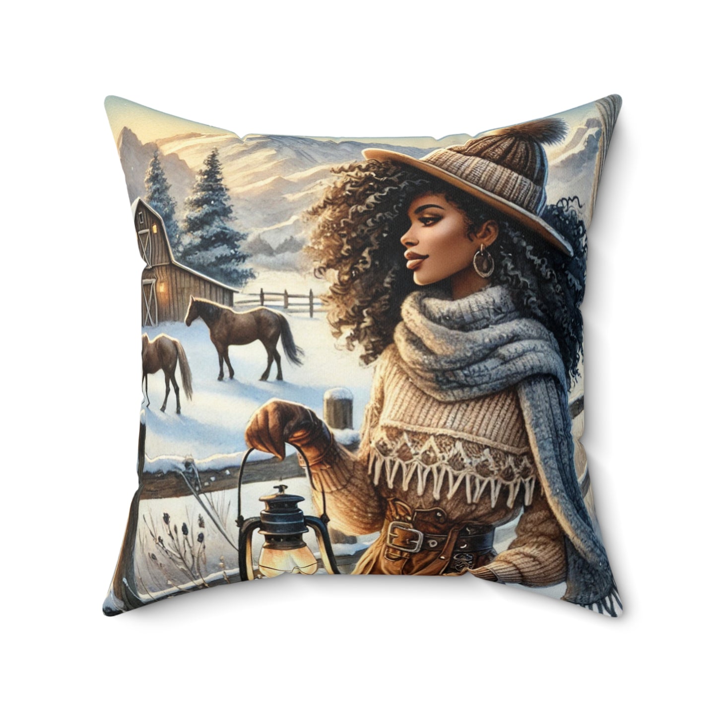 Winter Ranch Scene Throw Pillow, Cozy Home Decor with Plaid Accent Back | Perfect for Living Room or Bedroom