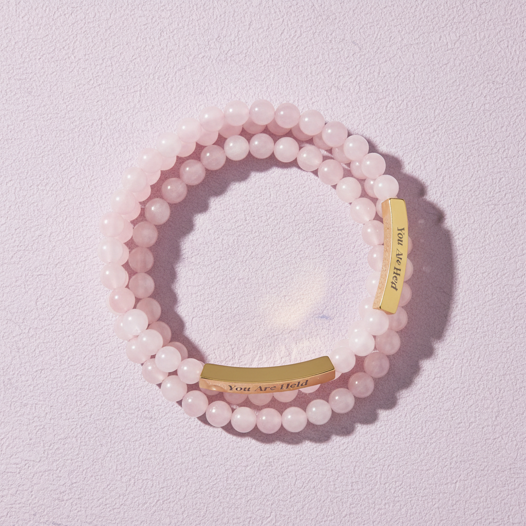 Rose quartz affirmation bracelet arranged in a circular flat-lay on a soft blush background, highlighting the engraved gold bar.