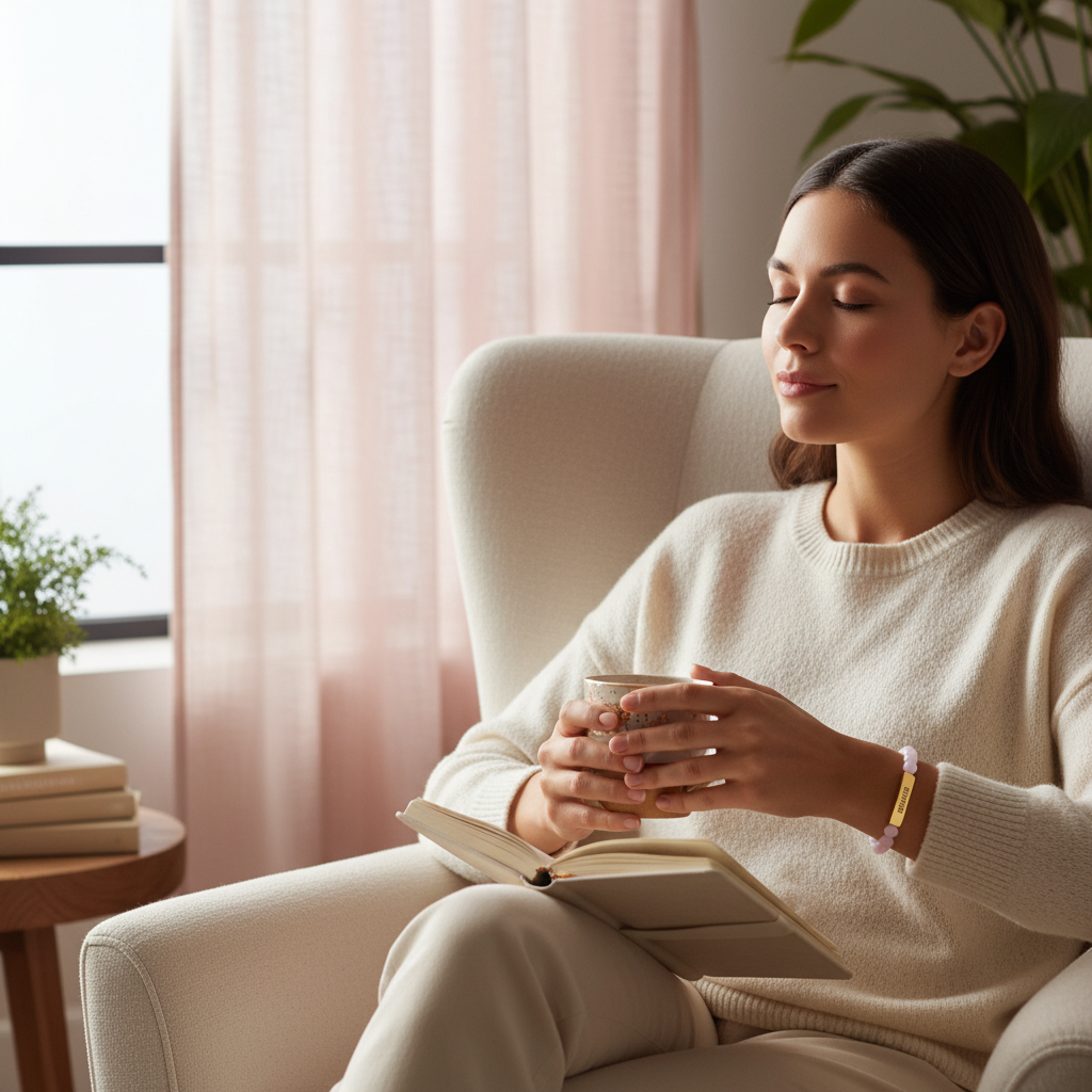 Woman seated in a cozy chair wearing a rose quartz “You Are Held” bracelet, holding a journal and mug in a quiet, relaxed setting.
