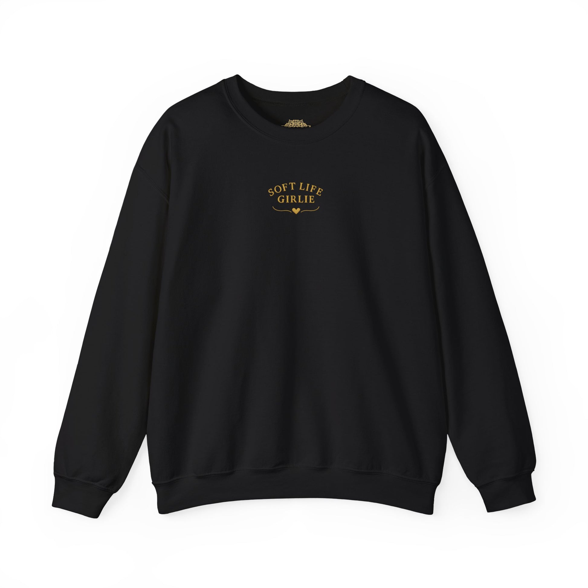 Black sweatshirt with 'Soft Life Girlie' text on a white background