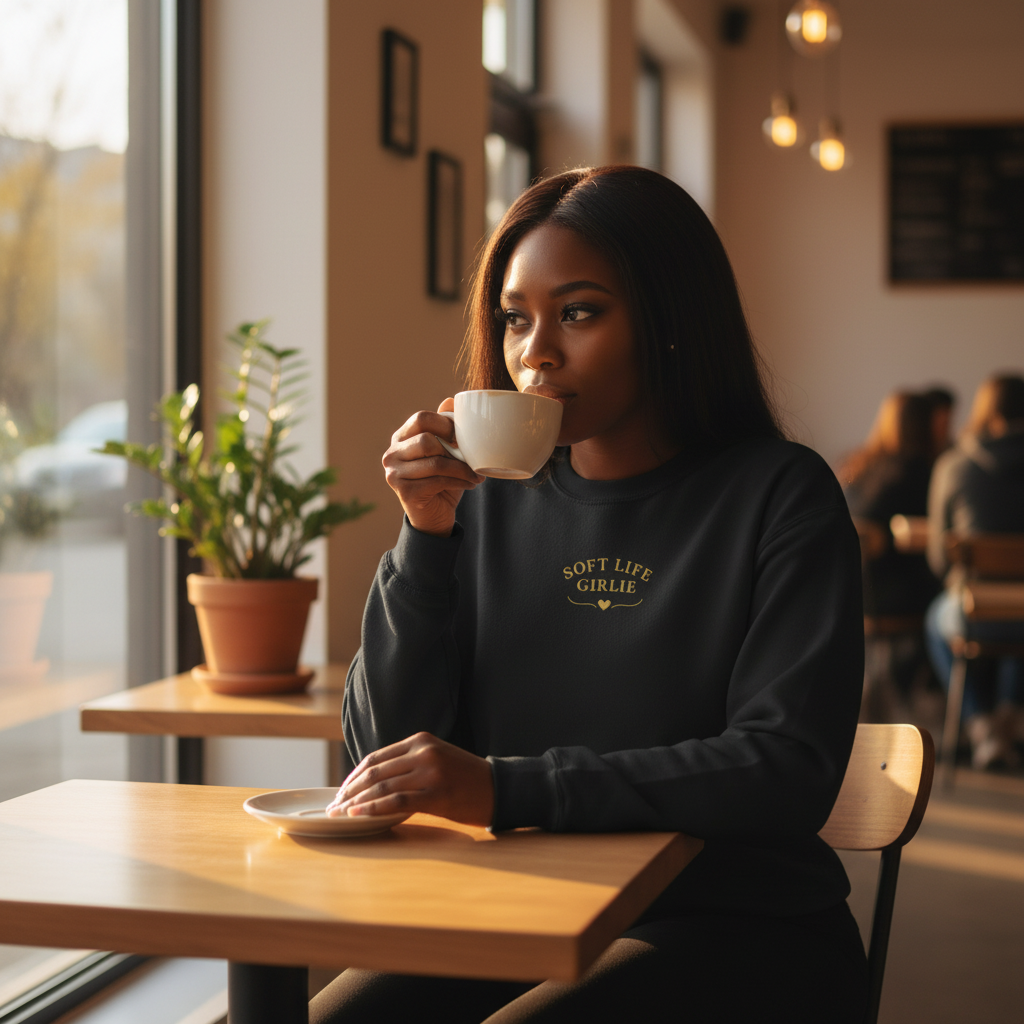 Woman drinking from a mug in a cozy cafe setting wearing Soft Life Girlie sweatshirt