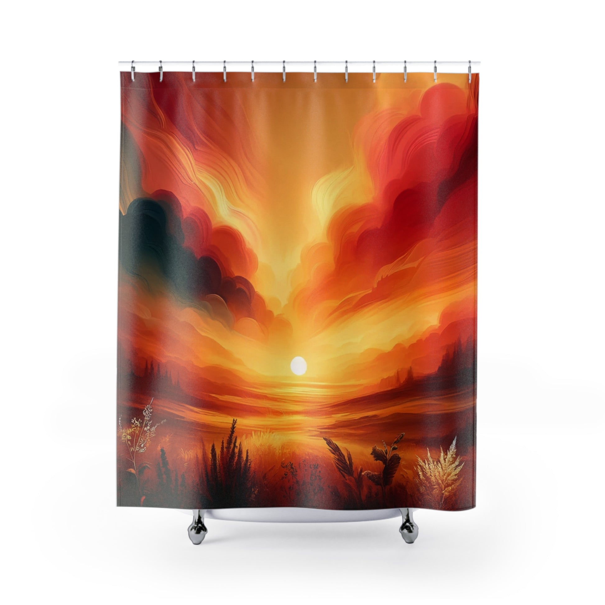 Full view of the "Sunset Glow" shower curtain showcasing vibrant orange, red, and yellow tones with a natural silhouette.