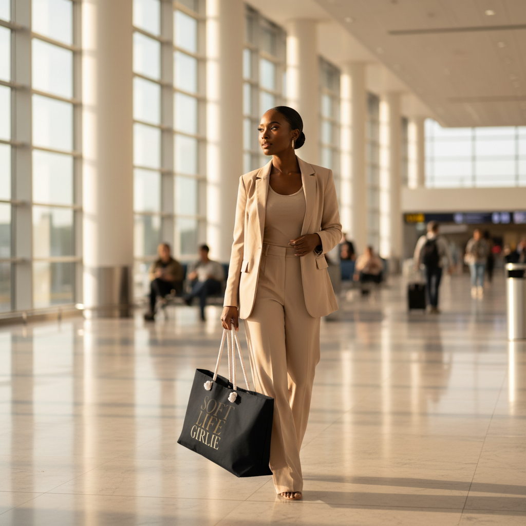 Woman walking confidently through an airport carrying the black Soft Life Girlie weekender tote bag with gold lettering, styled with a beige suit.