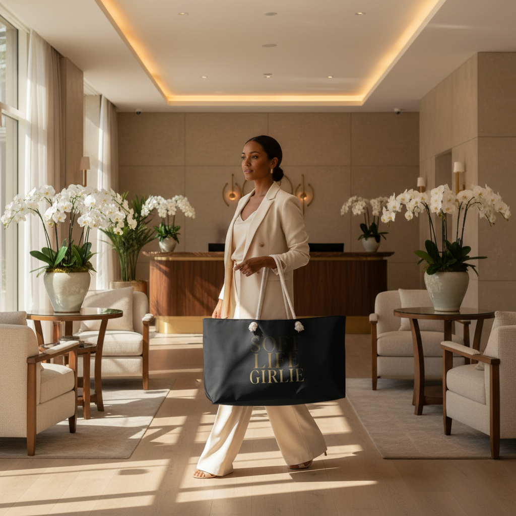 Elegant woman in a cream suit walking through a luxury hotel lobby while carrying the black Soft Life Girlie weekender bag with gold lettering.