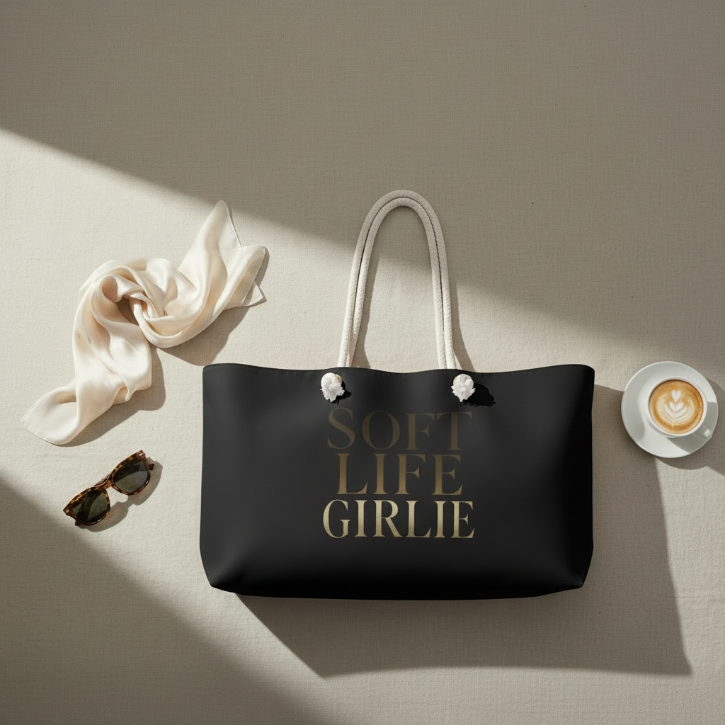 Black tote bag with 'SOFT LIFE GIRLIE' text on a light surface with accessories.