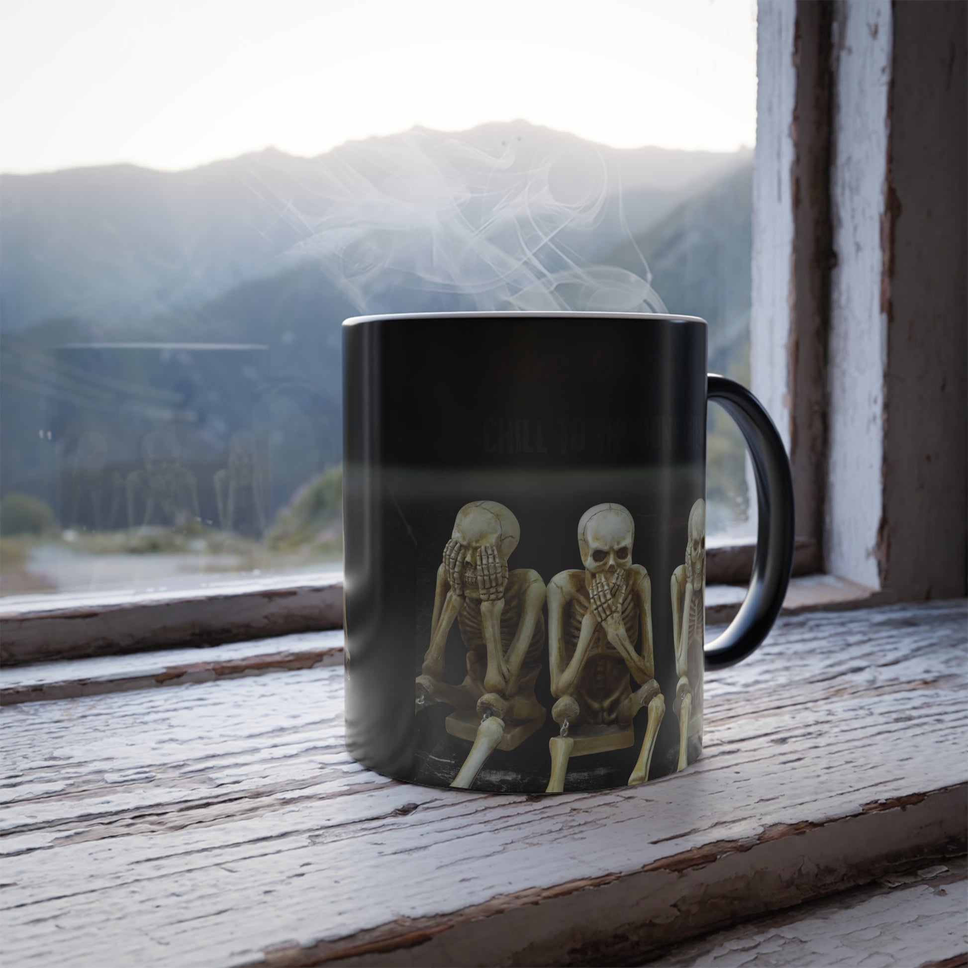 Close-up of skeleton design being revealed on heat-activated magic mug