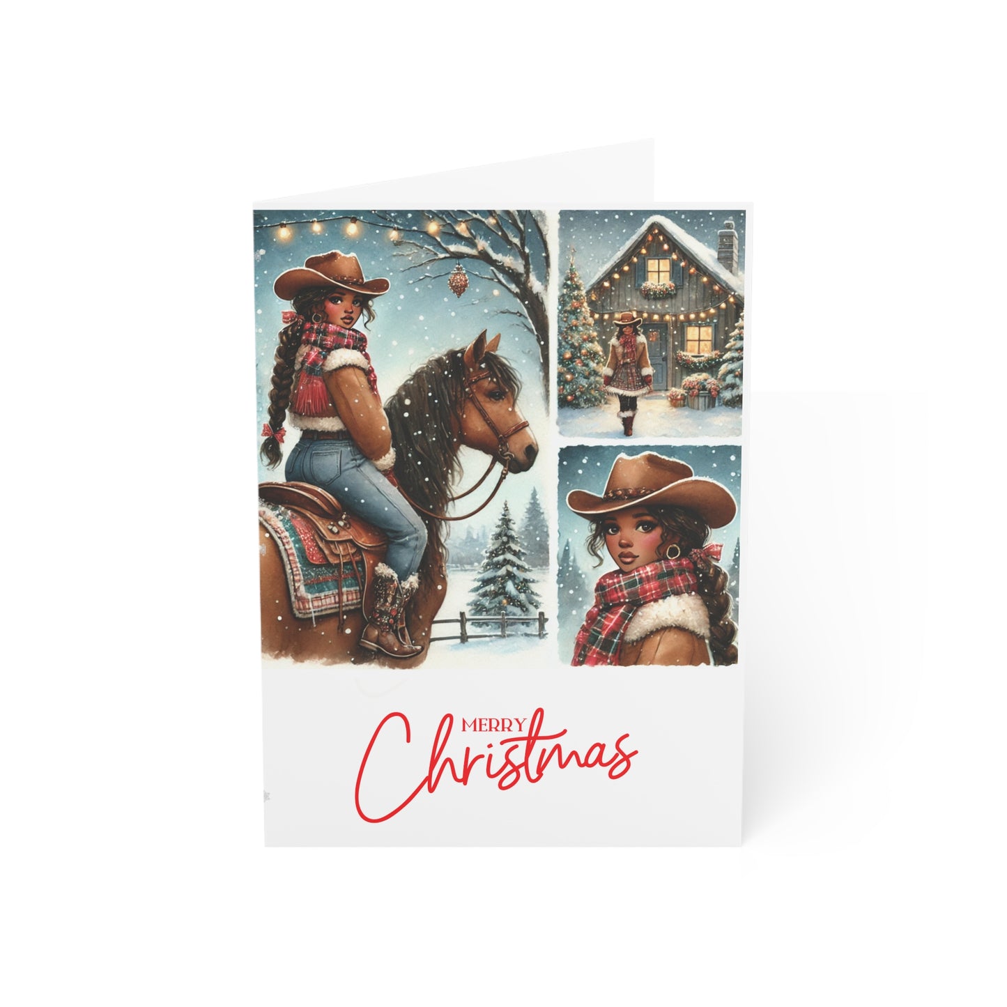African American Cowgirl Christmas Card, Western Holiday Greeting Card with Brown-Skinned Cowgirl, Cozy Winter Scene, Holiday Card
