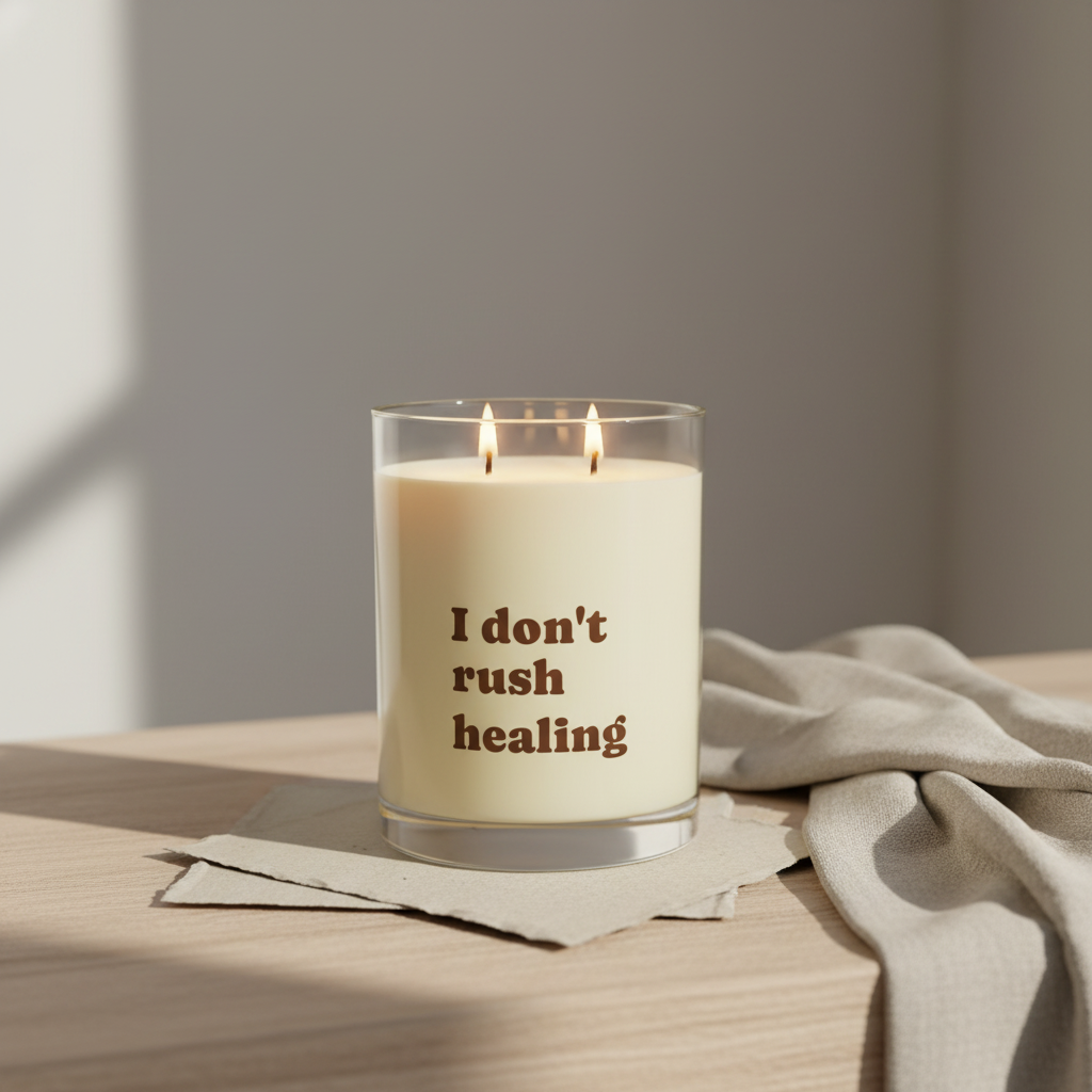 Candle with 'I don't rush healing' text on a wooden surface with a neutral background