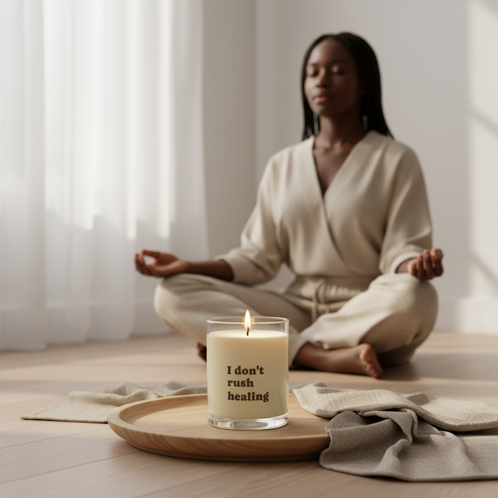 Woman meditating with a candle labeled 'I don't rush healing' on a wooden tray.