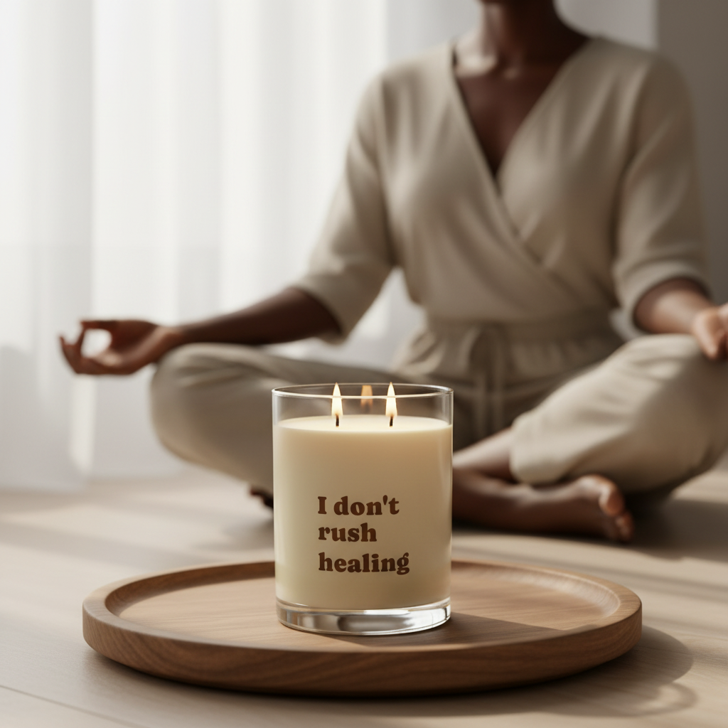 Candle with 'I don't rush healing' text on a wooden tray, person meditating in the background.