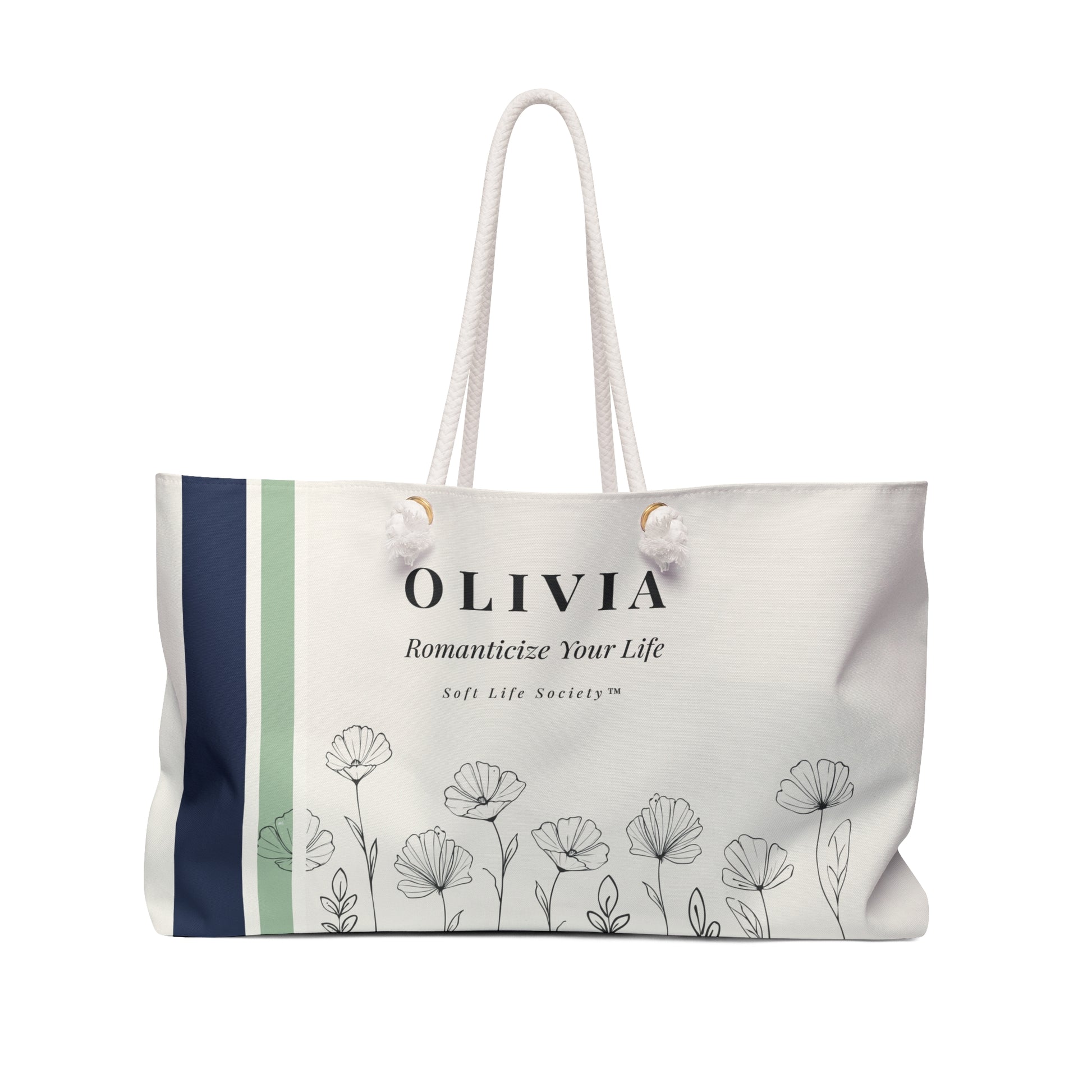 Tote bag with 'OLIVIA' branding and floral design on a white background