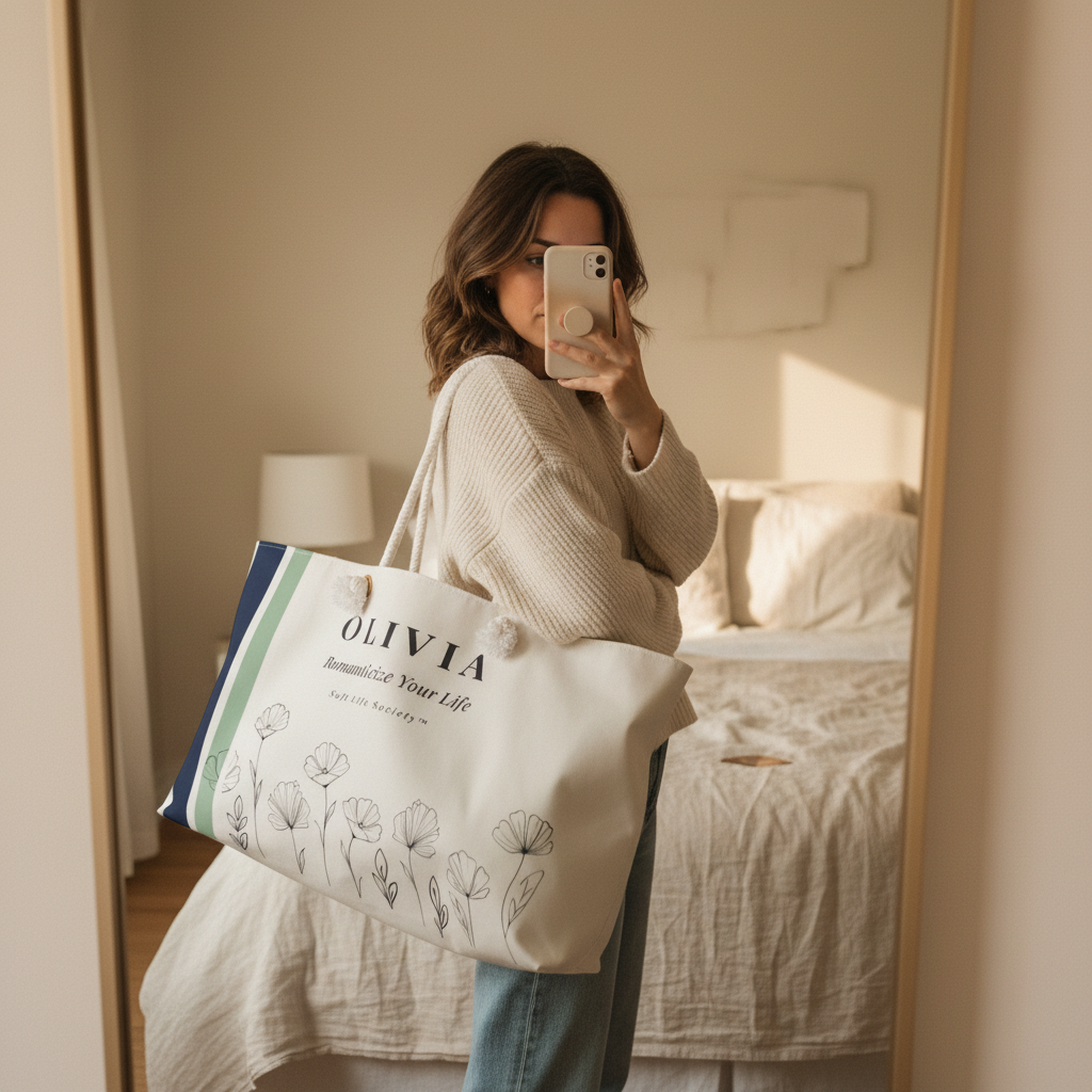 Person holding a tote bag with 'OLIVIA' branding in a bedroom setting