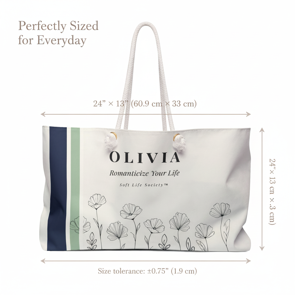 White tote bag with floral design and branding, shown with measurements on a white background.