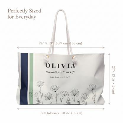 White tote bag with floral design and branding, shown with measurements on a white background.