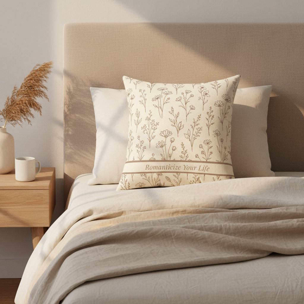 Decorative pillow with floral pattern and text styled on a beige bedroom in a Scandinavian decor setting