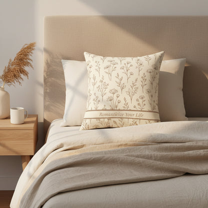 Decorative pillow with floral pattern and text styled on a beige bedroom in a Scandinavian decor setting