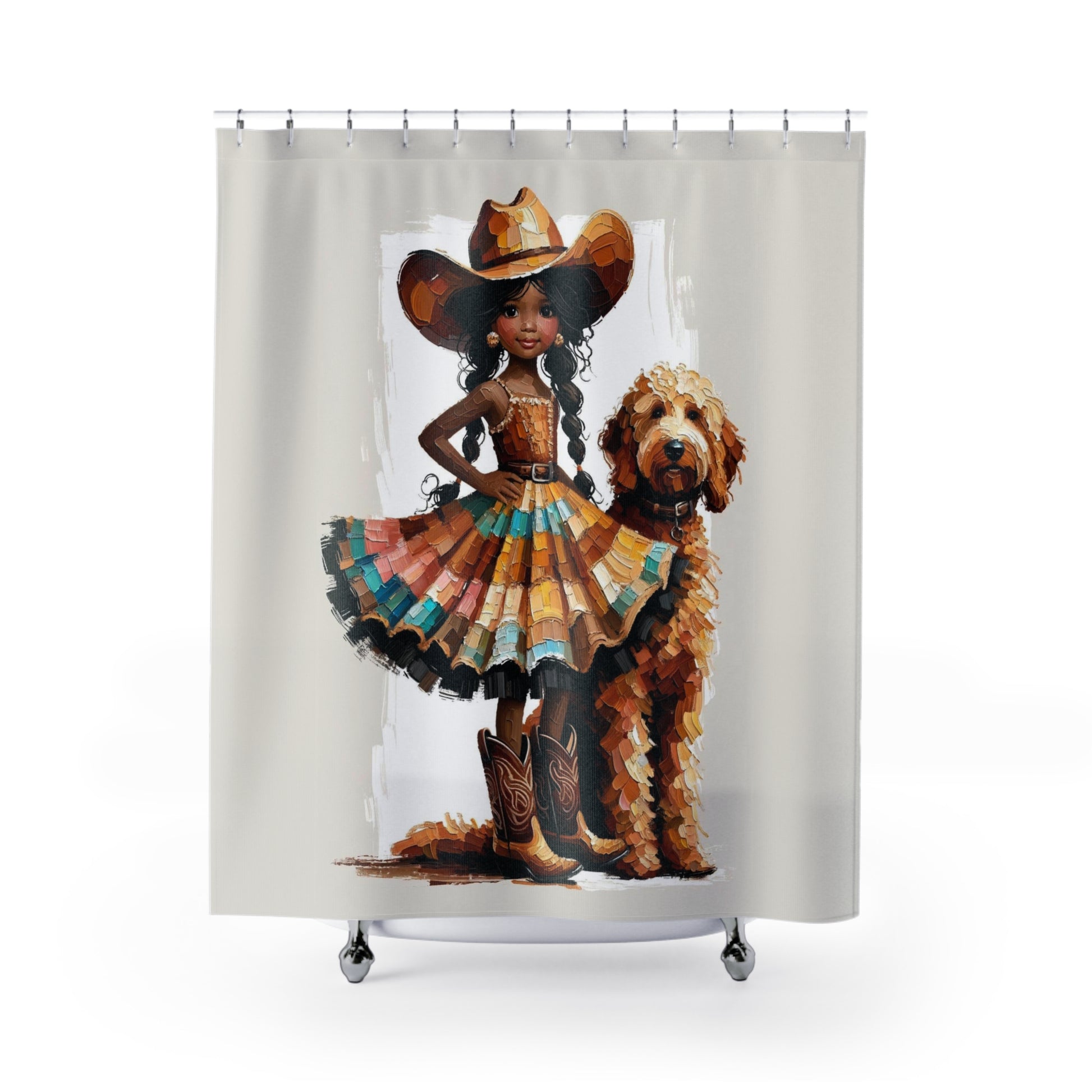 Full view of the Colorful Cowgirl and Dog Shower Curtain featuring a vibrant patchwork design
