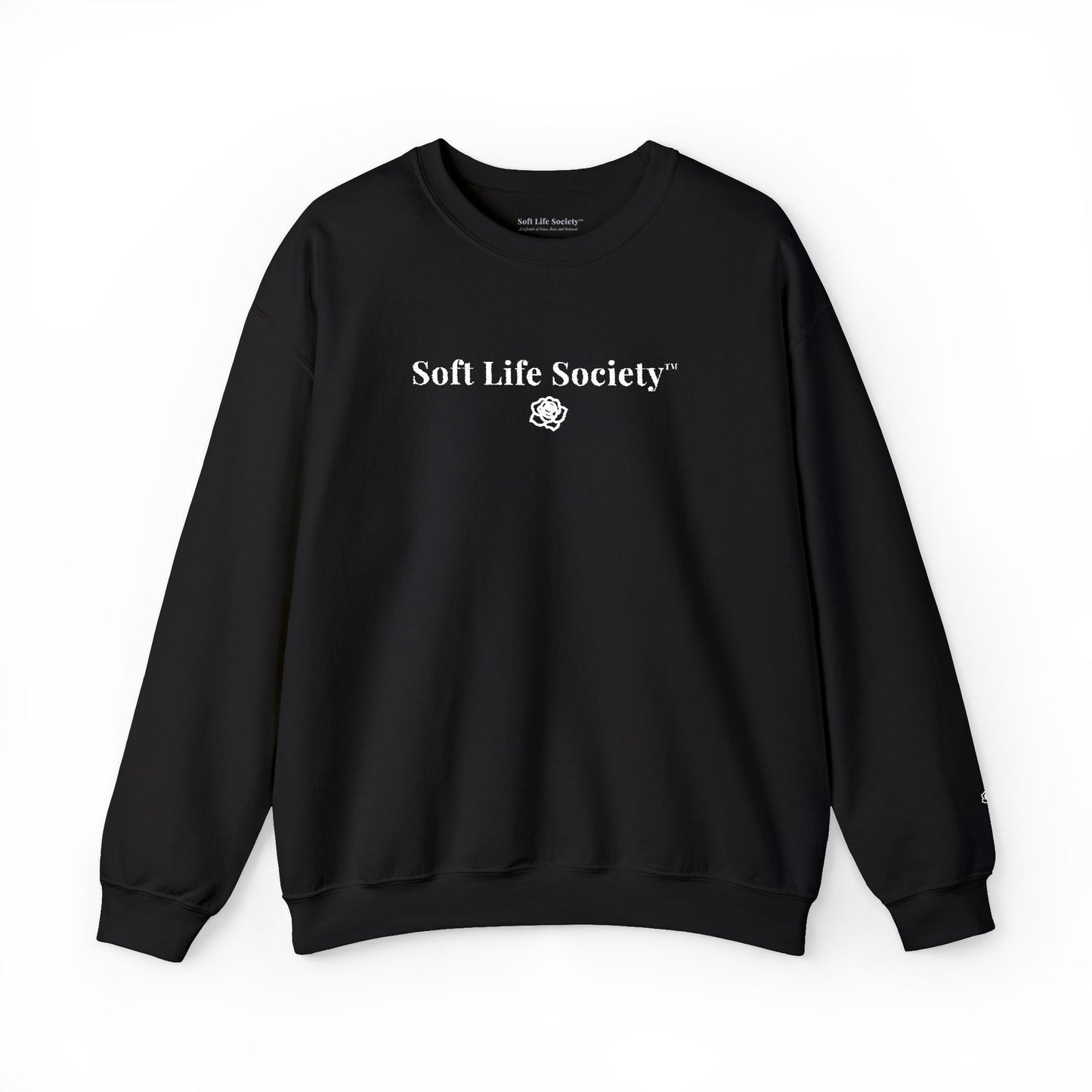 Black sweatshirt with 'Soft Life Society' text on a white background