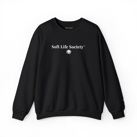 Black sweatshirt with 'Soft Life Society' text on a white background