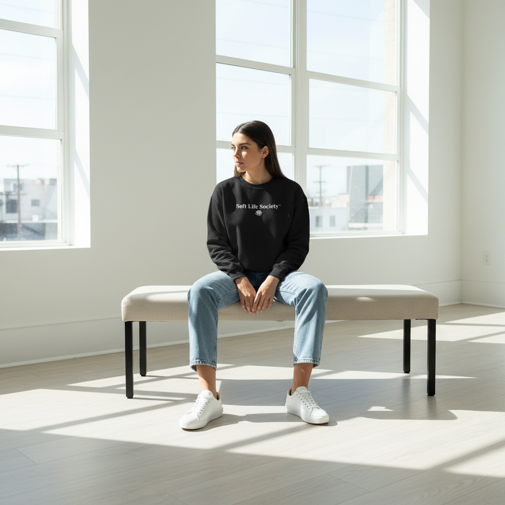Model seated on a bench wearing a black Soft Life Society™ embroidered crewneck sweatshirt in a sunlit minimalist studio.