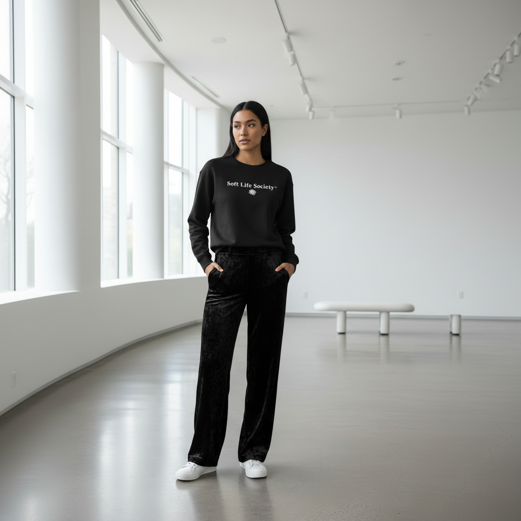 Person wearing a black sweatshirt with embroidered text "Soft Life Society" and pants in a minimalistic room