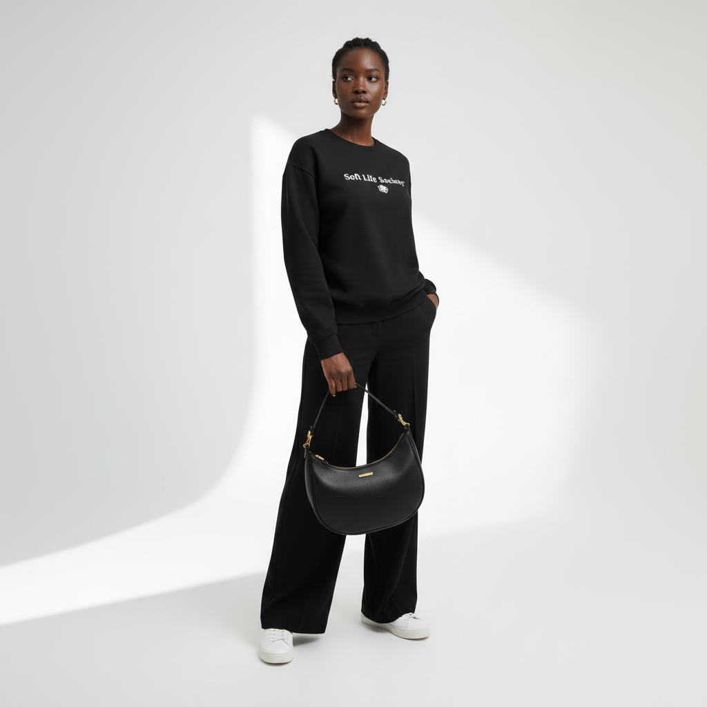 Person wearing a black sweatshirt with text and holding a black handbag on a white background