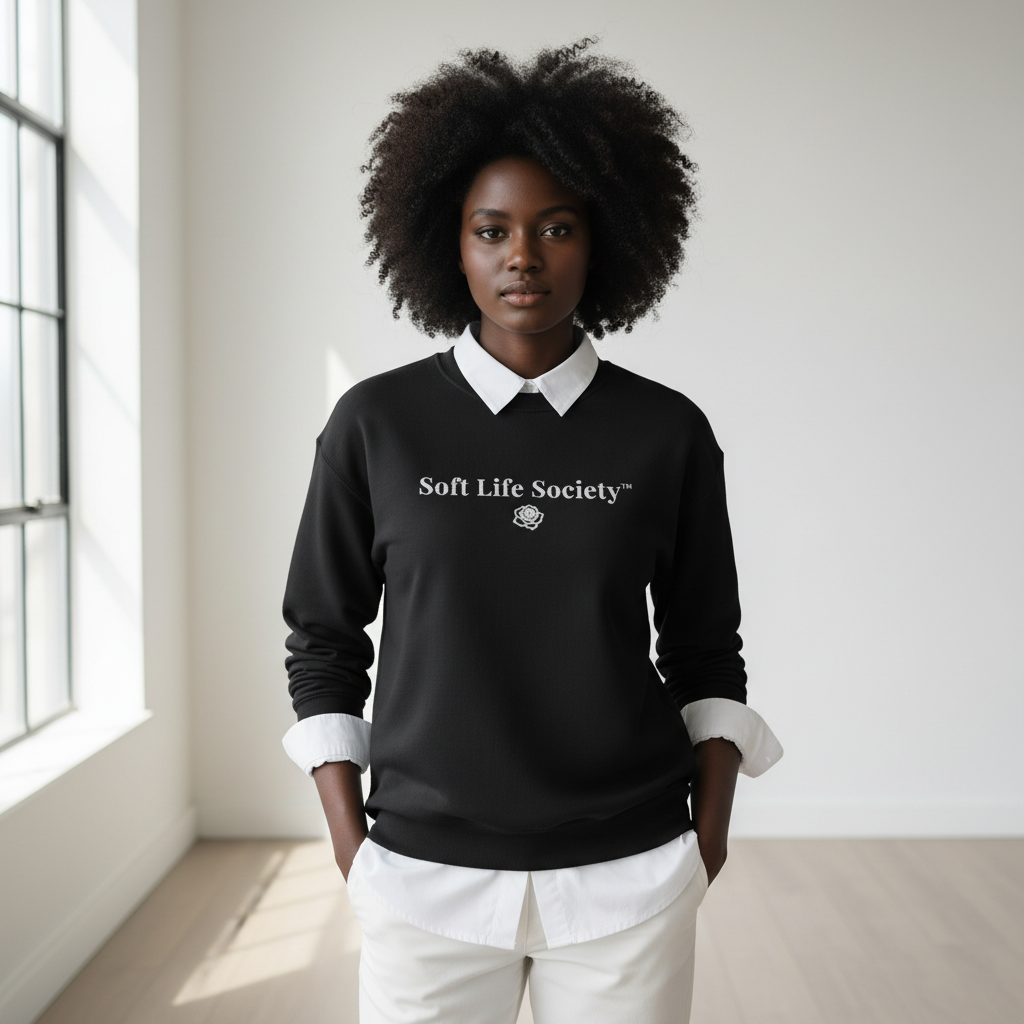 Model wearing a black Soft Life Society™ embroidered crewneck sweatshirt layered over a white collared shirt in a bright minimalist studio.